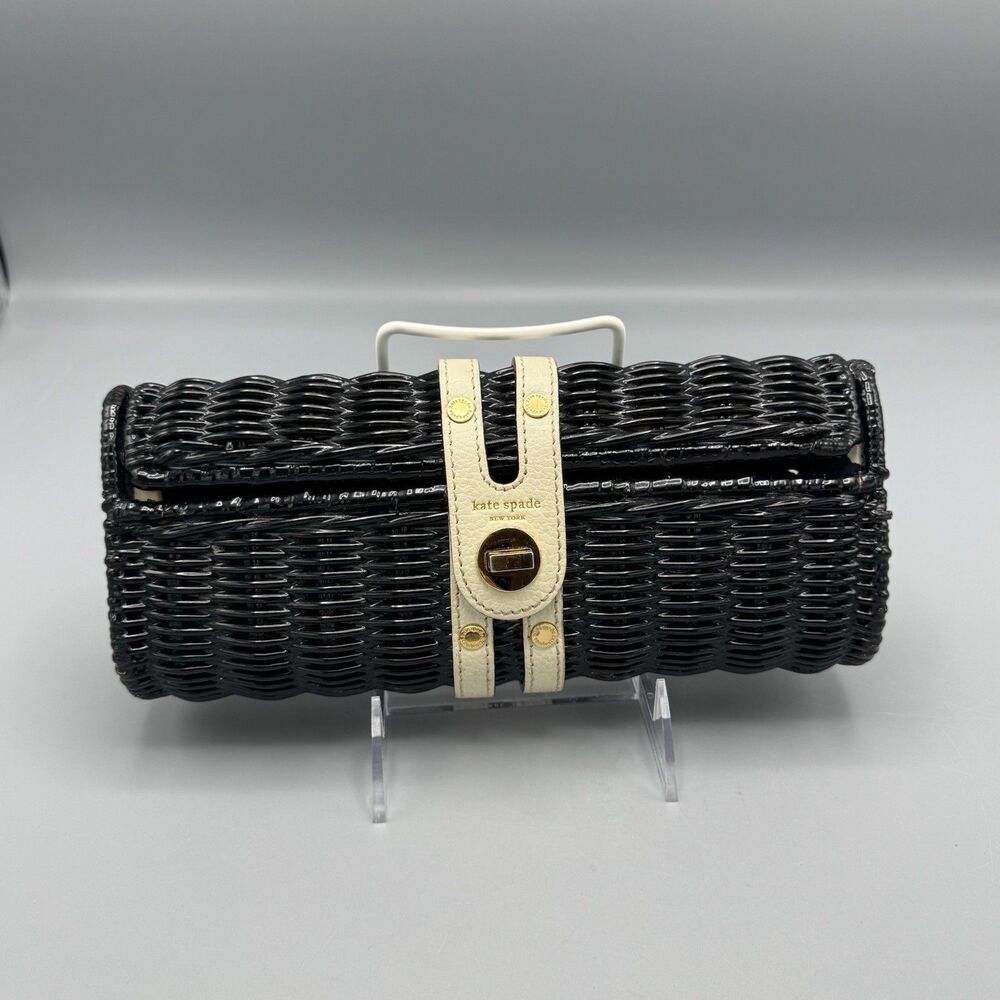 Vintage Kate Spade Black Wicker White Cream Leather Clutch Purse Handbag READ